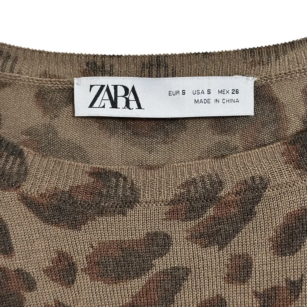 Zara Leopard Print Brown Crew Neck Light Weight Fine Knit Top Women's Size Small - Picture 5 of 6